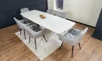Set Masă Living Extensibilă DTM0405CS Blat Ceramic Bej cu 6 Scaune Tapițate KJC38 Gri 1