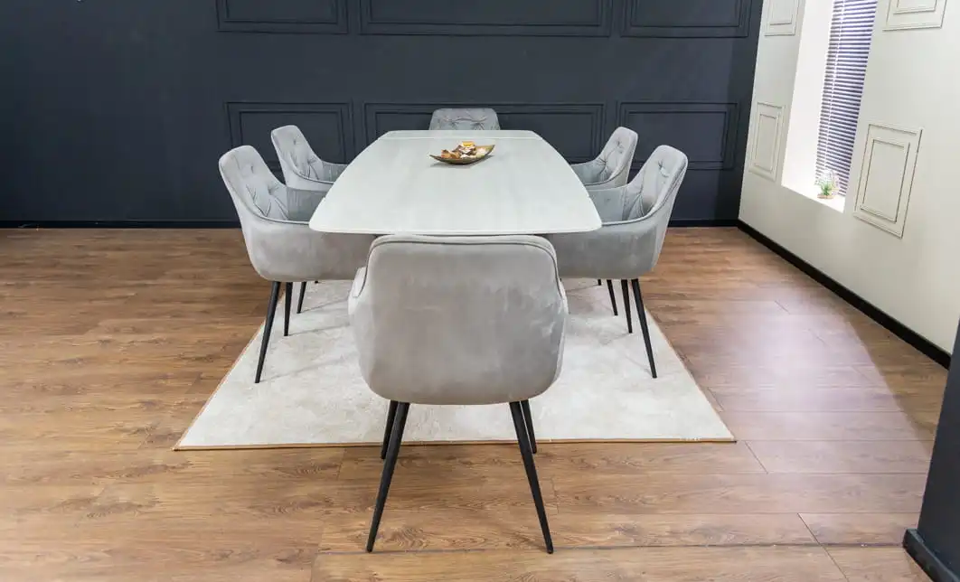Set Masă Living Extensibilă DTM0405CS Blat Ceramic Bej cu 6 Scaune Tapițate KJC38 Gri 8