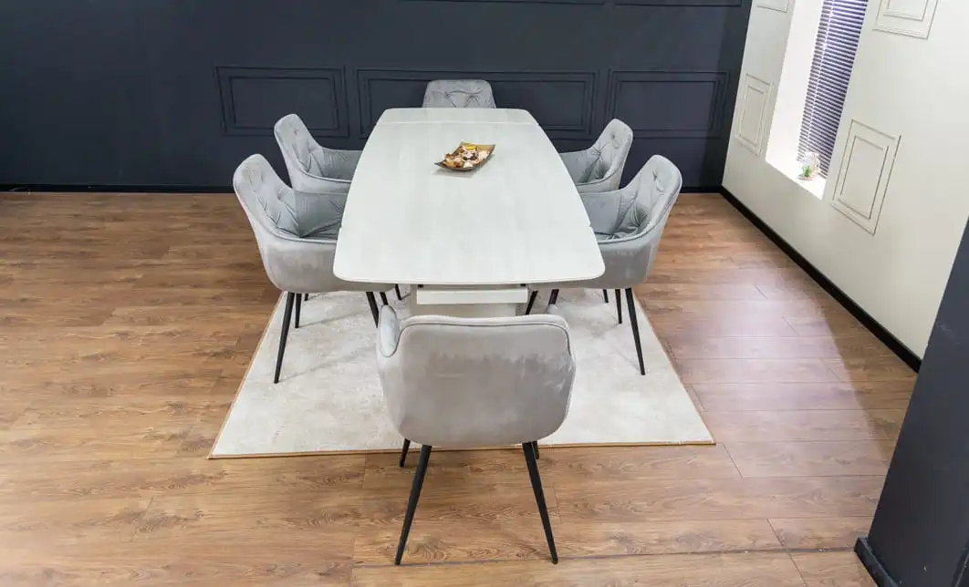 Set Masă Living Extensibilă DTM0405CS Blat Ceramic Bej cu 6 Scaune Tapițate KJC38 Gri 9