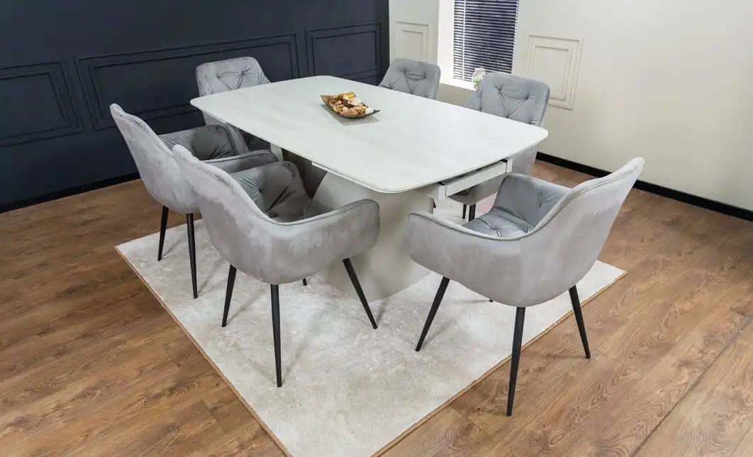 Set Masă Living Extensibilă DTM0405CS Blat Ceramic Bej cu 6 Scaune Tapițate KJC38 Gri 4