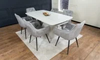 Set Masă Living Extensibilă DTM0405CS Blat Ceramic Bej cu 6 Scaune Tapițate KJC38 Gri 4