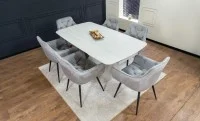 Set Masă Living Extensibilă DTM0405CS Blat Ceramic Bej cu 6 Scaune Tapițate KJC38 Gri 5