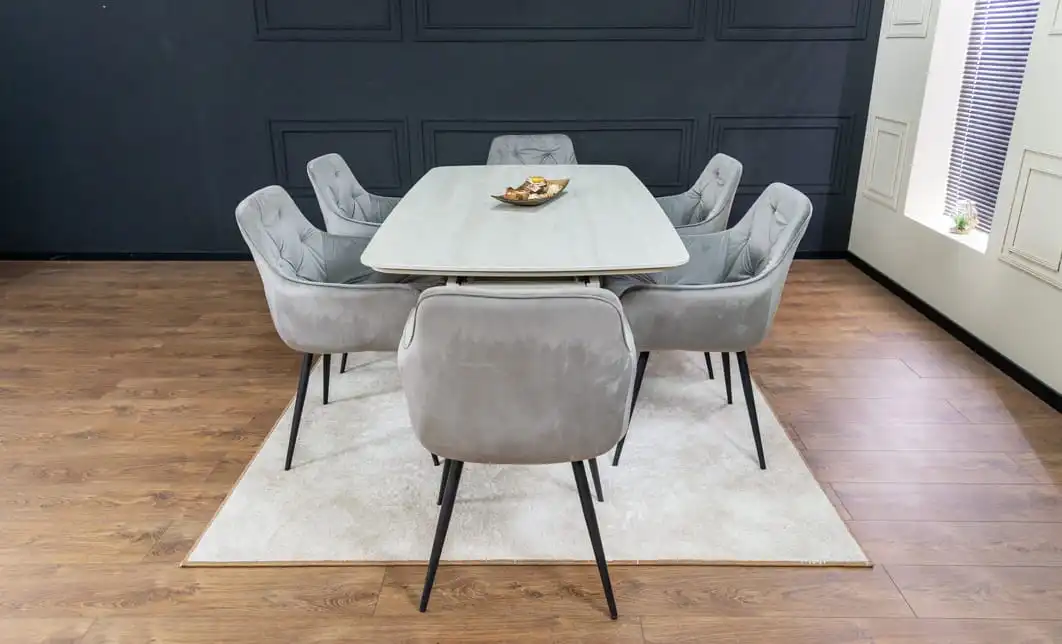 Set Masă Living Extensibilă DTM0405CS Blat Ceramic Bej cu 6 Scaune Tapițate KJC38 Gri 6