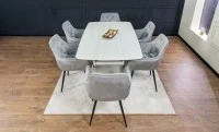 Set Masă Living Extensibilă DTM0405CS Blat Ceramic Bej cu 6 Scaune Tapițate KJC38 Gri 7