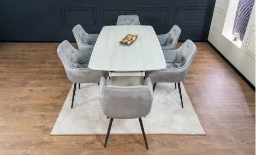Set Masă Living Extensibilă DTM0405CS Blat Ceramic Bej cu 6 Scaune Tapițate KJC38 Gri