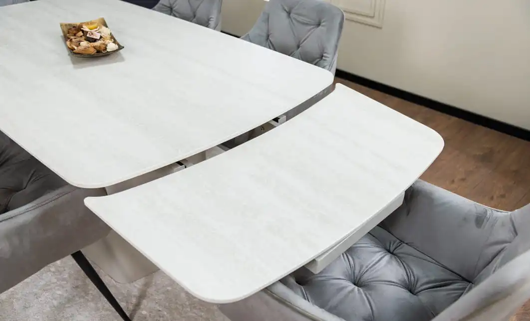 Set Masă Living Extensibilă DTM0405CS Blat Ceramic Bej cu 6 Scaune Tapițate KJC38 Gri 10