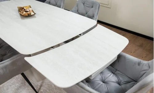Set Masă Living Extensibilă DTM0405CS Blat Ceramic Bej cu 6 Scaune Tapițate KJC38 Gri