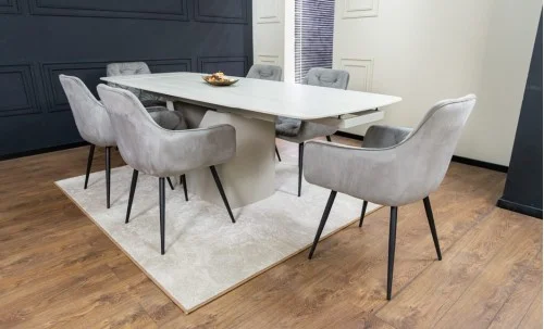 Set Masă Living Extensibilă DTM0405CS Blat Ceramic Bej cu 6 Scaune Tapițate KJC38 Gri