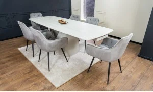 Set Masă Living Extensibilă DTM0405CS Blat Ceramic Bej cu 6 Scaune Tapițate KJC38 Gri