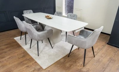 Set Masă Living Extensibilă DTM0405CS Blat Ceramic Bej cu 6 Scaune Tapițate KJC38 Gri