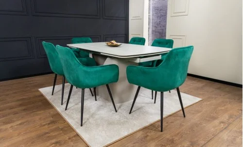 Set Masă Living Extensibilă DTM0405CS Blat Ceramic Bej cu 6 Scaune Tapițate KJC38 Verzi