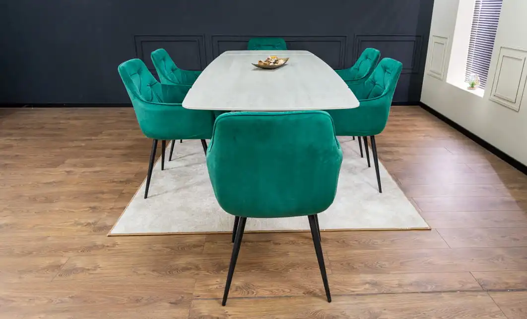 Set Masă Living Extensibilă DTM0405CS Blat Ceramic Bej cu 6 Scaune Tapițate KJC38 Verzi 8