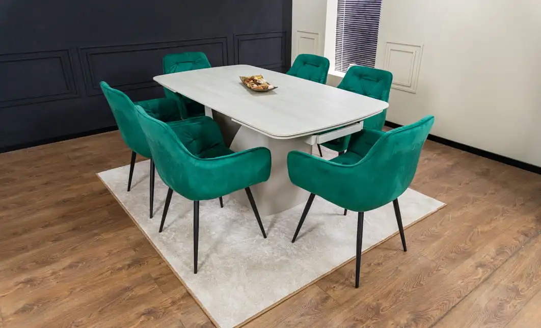 Set Masă Living Extensibilă DTM0405CS Blat Ceramic Bej cu 6 Scaune Tapițate KJC38 Verzi 4