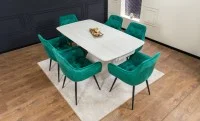 Set Masă Living Extensibilă DTM0405CS Blat Ceramic Bej cu 6 Scaune Tapițate KJC38 Verzi 5