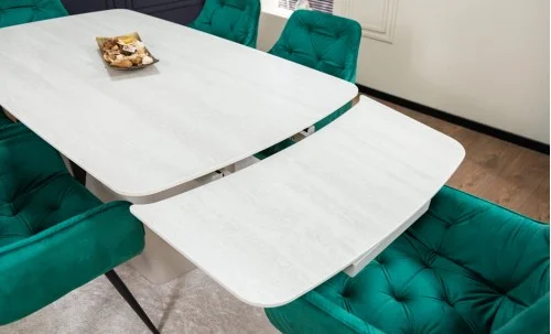 Set Masă Living Extensibilă DTM0405CS Blat Ceramic Bej cu 6 Scaune Tapițate KJC38 Verzi