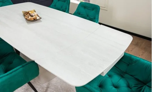 Set Masă Living Extensibilă DTM0405CS Blat Ceramic Bej cu 6 Scaune Tapițate KJC38 Verzi