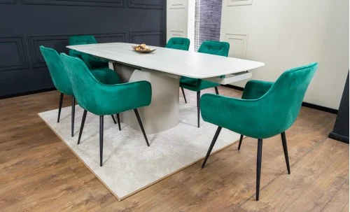 Set Masă Living Extensibilă DTM0405CS Blat Ceramic Bej cu 6 Scaune Tapițate KJC38 Verzi