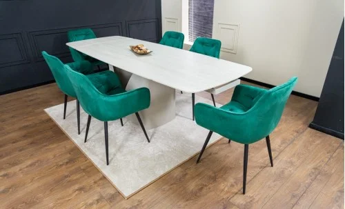 Set Masă Living Extensibilă DTM0405CS Blat Ceramic Bej cu 6 Scaune Tapițate KJC38 Verzi