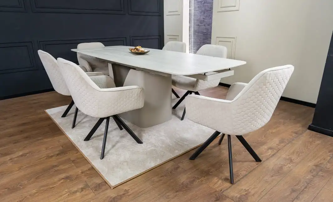 Set Masă Living Extensibilă DTM0405CS Blat Ceramic Bej cu 6 Scaune Rotative KJC3846 Bej 2