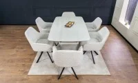 Set Masă Living Extensibilă DTM0405CS Blat Ceramic Bej cu 6 Scaune Rotative KJC3846 Bej 9