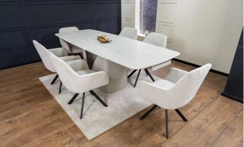 Set Masă Living Extensibilă DTM0405CS Blat Ceramic Bej cu 6 Scaune Rotative KJC3846 Bej