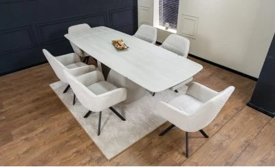 Set Masă Living Extensibilă DTM0405CS Blat Ceramic Bej cu 6 Scaune Rotative KJC3846 Bej