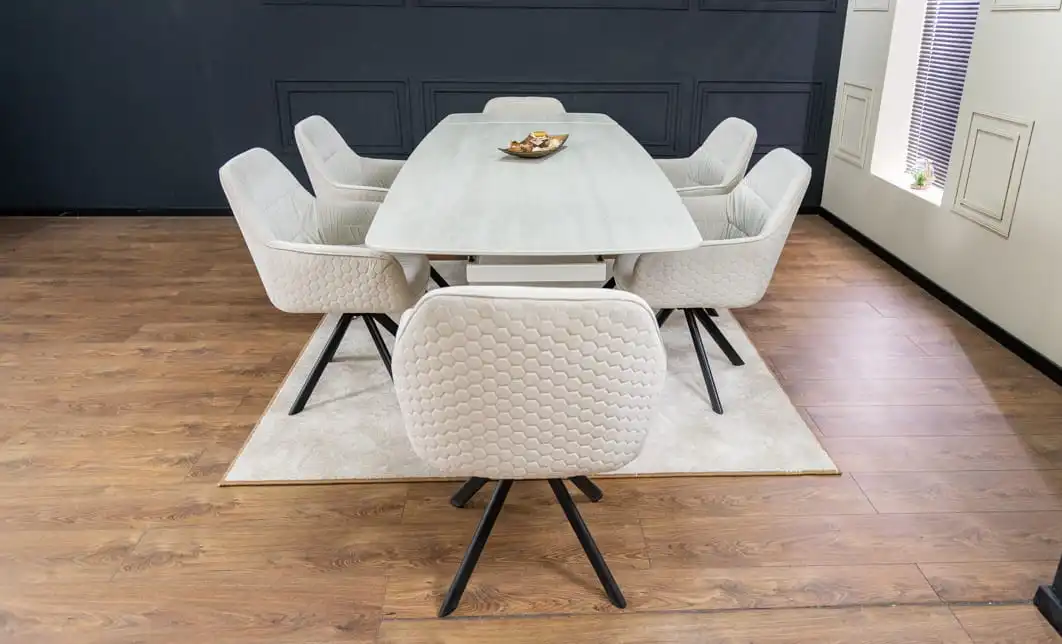 Set Masă Living Extensibilă DTM0405CS Blat Ceramic Bej cu 6 Scaune Rotative KJC3846 Bej 6