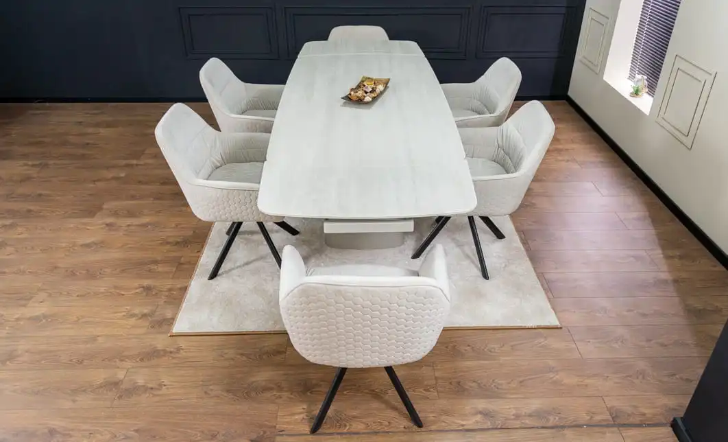 Set Masă Living Extensibilă DTM0405CS Blat Ceramic Bej cu 6 Scaune Rotative KJC3846 Bej 7