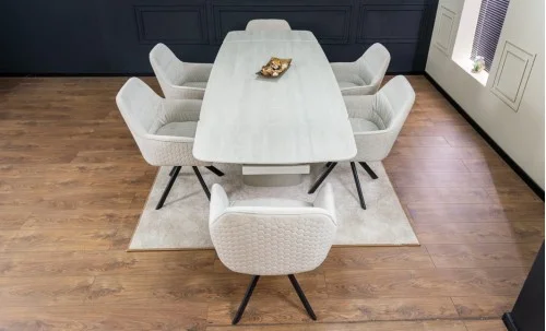 Set Masă Living Extensibilă DTM0405CS Blat Ceramic Bej cu 6 Scaune Rotative KJC3846 Bej