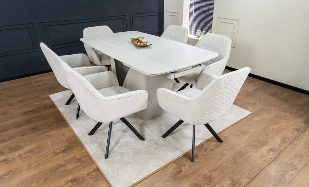 Set Masă Living Extensibilă DTM0405CS Blat Ceramic Bej cu 6 Scaune Rotative KJC3846 Bej 3