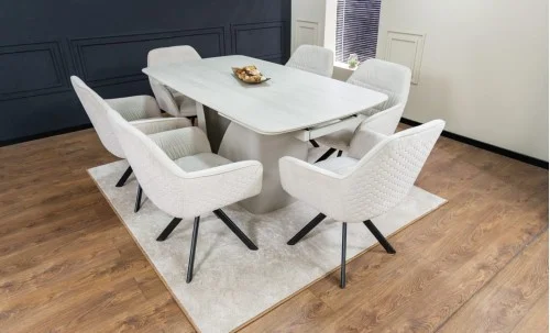 Set Masă Living Extensibilă DTM0405CS Blat Ceramic Bej cu 6 Scaune Rotative KJC3846 Bej