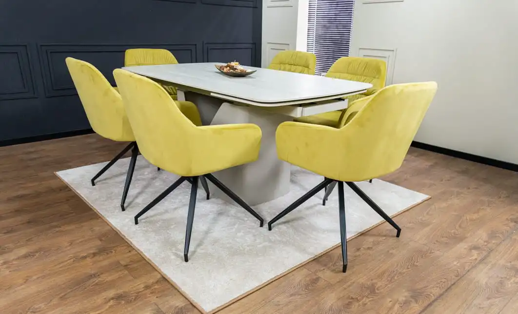 Set Masă Living Extensibilă DTM0405CS Blat Ceramic Bej cu 6 Scaune Rotative KJC4345 Muștar 3