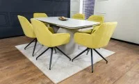 Set Masă Living Extensibilă DTM0405CS Blat Ceramic Bej cu 6 Scaune Rotative KJC4345 Muștar 3
