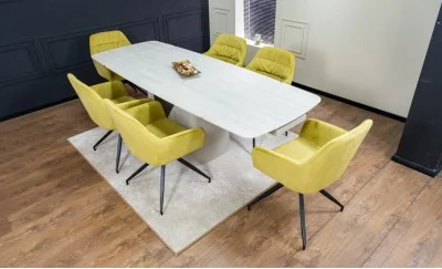 Set Masă Living Extensibilă DTM0405CS Blat Ceramic Bej cu 6 Scaune Rotative KJC4345 Muștar
