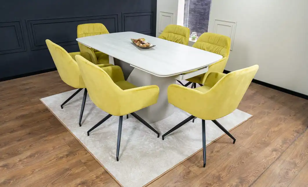 Set Masă Living Extensibilă DTM0405CS Blat Ceramic Bej cu 6 Scaune Rotative KJC4345 Muștar 4