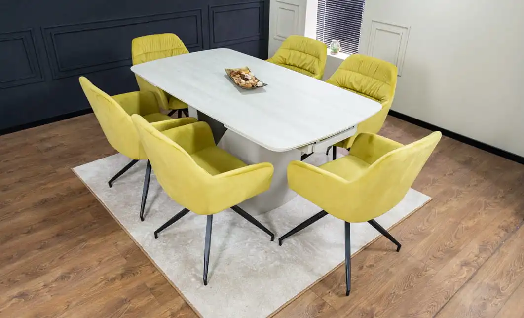 Set Masă Living Extensibilă DTM0405CS Blat Ceramic Bej cu 6 Scaune Rotative KJC4345 Muștar 5