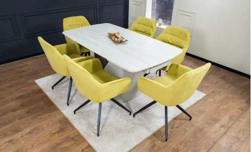 Set Masă Living Extensibilă DTM0405CS Blat Ceramic Bej cu 6 Scaune Rotative KJC4345 Muștar