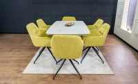 Set Masă Living Extensibilă DTM0405CS Blat Ceramic Bej cu 6 Scaune Rotative KJC4345 Muștar 6