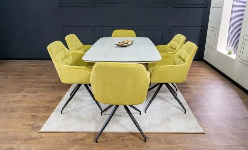 Set Masă Living Extensibilă DTM0405CS Blat Ceramic Bej cu 6 Scaune Rotative KJC4345 Muștar