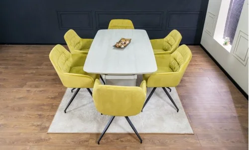 Set Masă Living Extensibilă DTM0405CS Blat Ceramic Bej cu 6 Scaune Rotative KJC4345 Muștar
