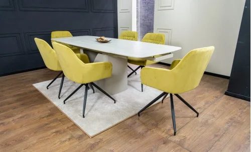 Set Masă Living Extensibilă DTM0405CS Blat Ceramic Bej cu 6 Scaune Rotative KJC4345 Muștar