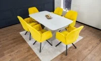 Set Masă Living Extensibilă DTM0405CS Blat Ceramic Bej cu 6 Scaune Rotative KJC80 Galbene 4