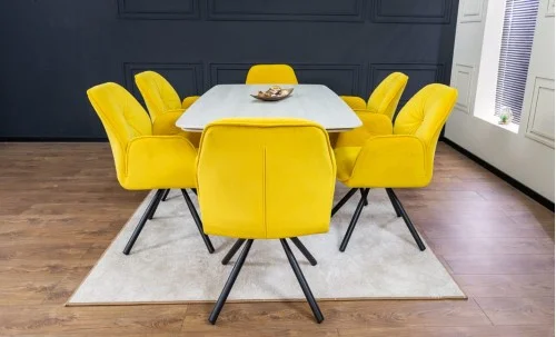 Set Masă Living Extensibilă DTM0405CS Blat Ceramic Bej cu 6 Scaune Rotative KJC80 Galbene