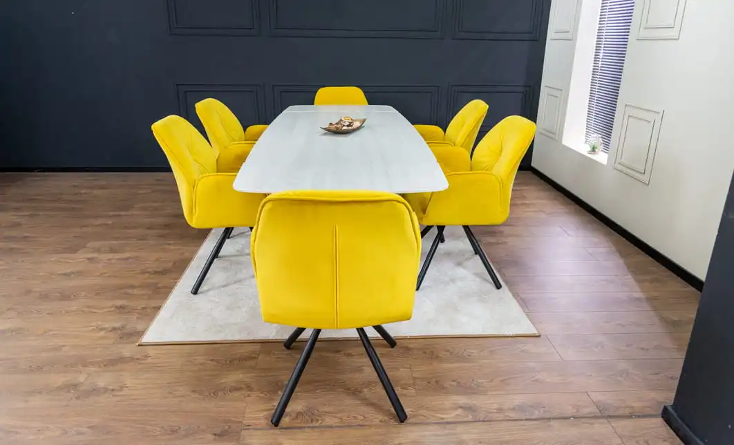 Set Masă Living Extensibilă DTM0405CS Blat Ceramic Bej cu 6 Scaune Rotative KJC80 Galbene 6