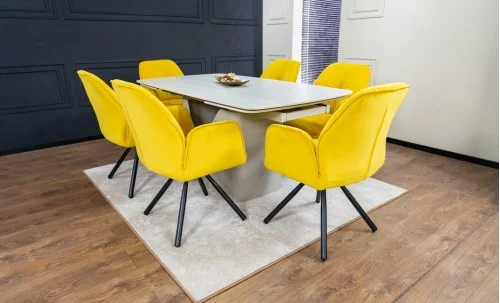 Set Masă Living Extensibilă DTM0405CS Blat Ceramic Bej cu 6 Scaune Rotative KJC80 Galbene