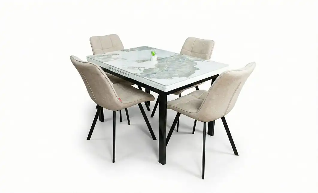 Set Masă Living Extensibilă Blat Ceramic KJT416 Alb-Cappuccino cu 4 Scaune DCM1801CF Bej 1