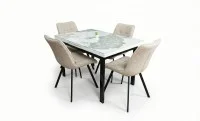 Set Masă Living Extensibilă Blat Ceramic KJT416 Alb-Cappuccino cu 4 Scaune DCM1801CF Bej