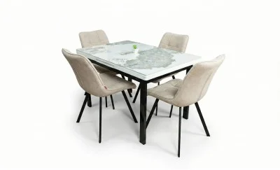 Set Masă Living Extensibilă Blat Ceramic KJT416 Alb-Cappuccino cu 4 Scaune DCM1801CF Bej
