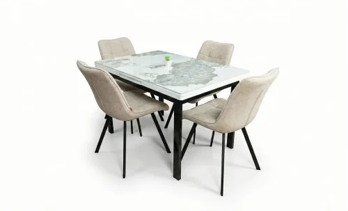 Set Masă Living Extensibilă Blat Ceramic KJT416 Alb-Cappuccino cu 4 Scaune DCM1801CF Bej