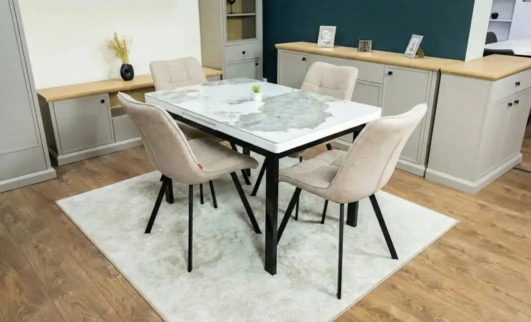 Set Masă Living Extensibilă Blat Ceramic KJT416 Alb-Cappuccino cu 4 Scaune DCM1801CF Bej